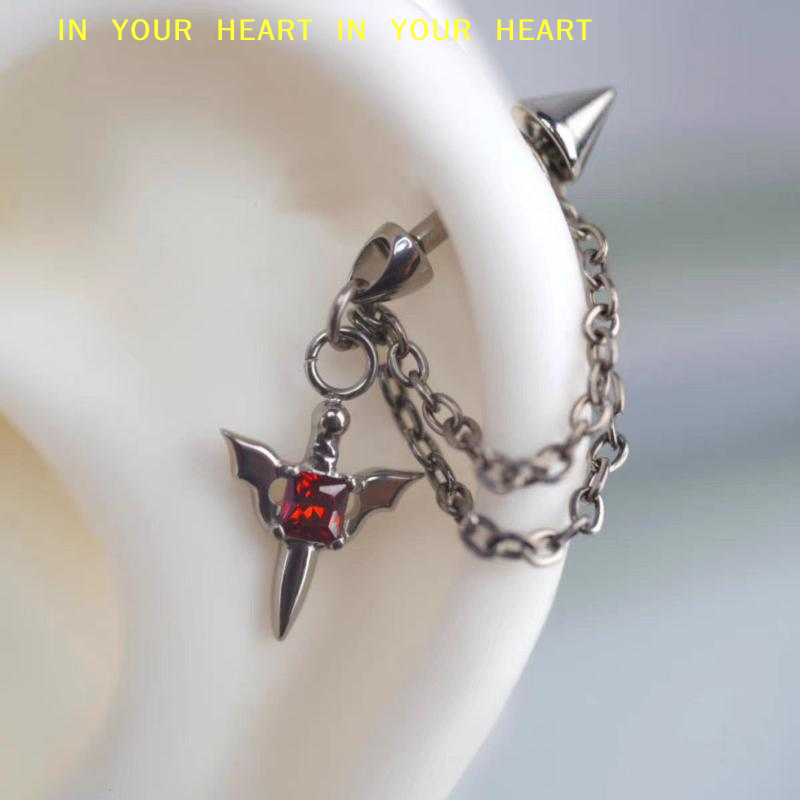 X Men Accessories - 【X】Kırmızı Zirkon Kanat Zinciri Delici Küpe